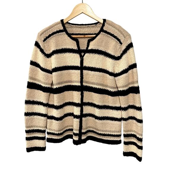 Sezane Vintage M Hand Knit Sweater Jacket SILK Cotton Stripe Neutrals Tan Black - Picture 2 of 10